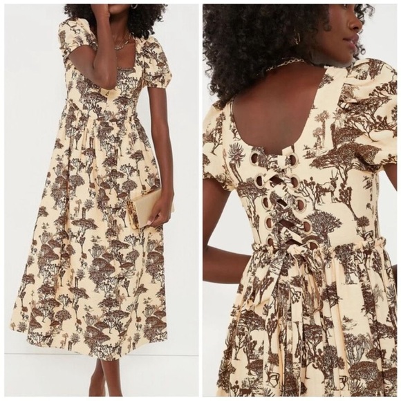 Tuckernuck Dresses & Skirts - Tuckernuck Hyacinth House Brown Toile Camilla Corset Midi Dress Puff Sleeve Sz S